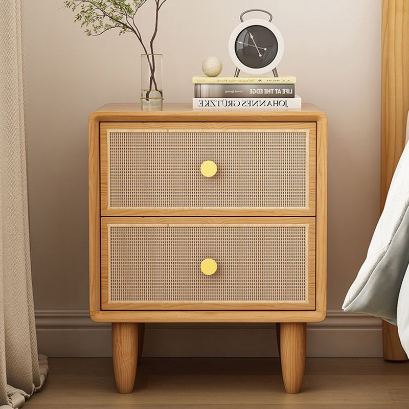 Traditional Chinese Solid Wood & Rattan Rounded Square Nightstand With 2 Drawers For Bedroom
