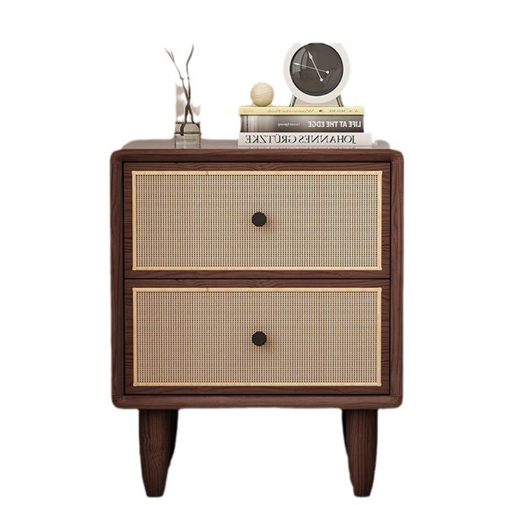 Table de chevet carrée arrondie en bois massif et rotin de style chinois traditionnel avec 2 tiroirs pour chambre à coucher 
