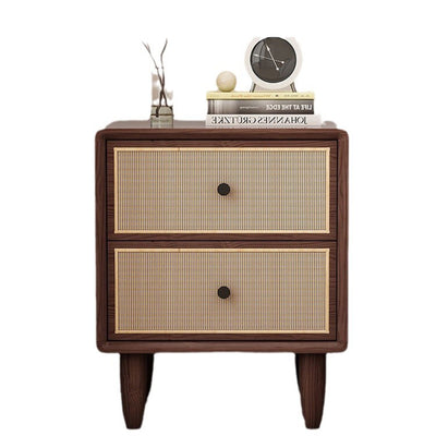 Traditional Chinese Solid Wood & Rattan Rounded Square Nightstand With 2 Drawers For Bedroom