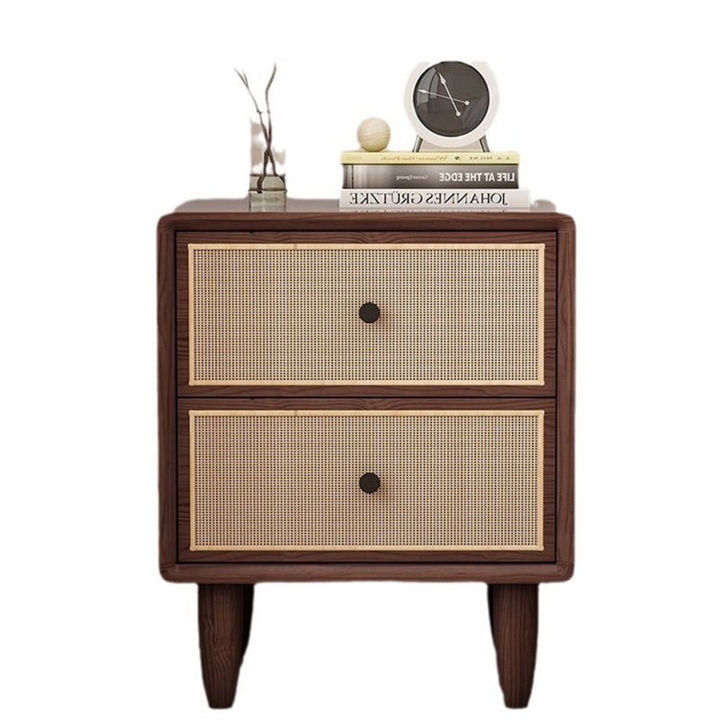 Traditional Chinese Solid Wood & Rattan Rounded Square Nightstand With 2 Drawers For Bedroom