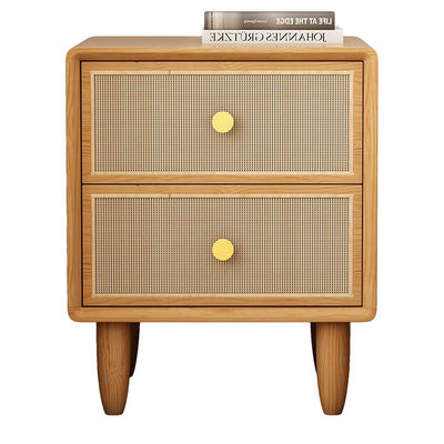 Traditional Chinese Solid Wood & Rattan Rounded Square Nightstand With 2 Drawers For Bedroom