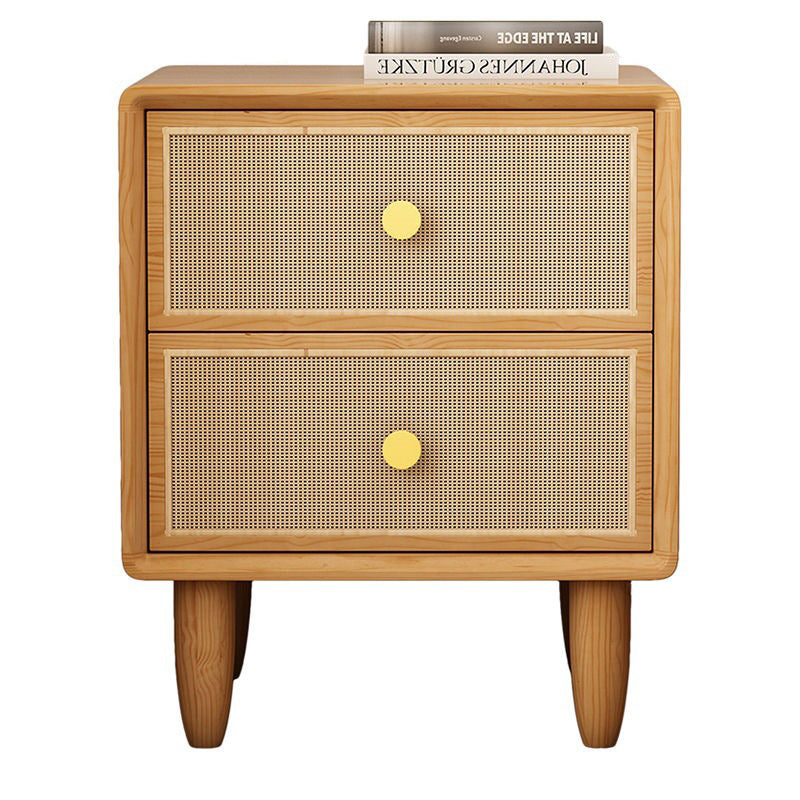 Traditional Chinese Solid Wood & Rattan Rounded Square Nightstand With 2 Drawers For Bedroom