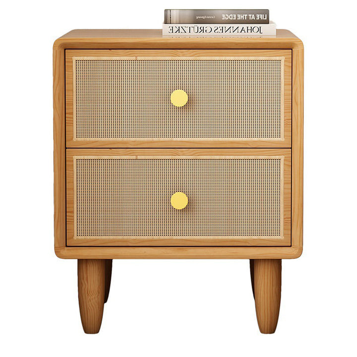 Table de chevet carrée arrondie en bois massif et rotin de style chinois traditionnel avec 2 tiroirs pour chambre à coucher 