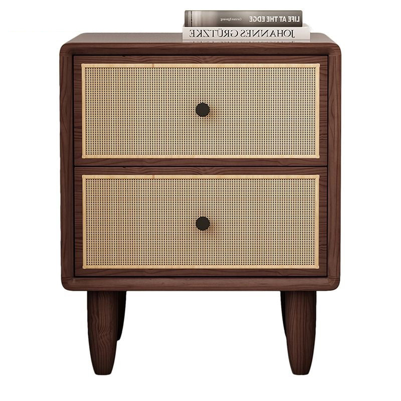 Traditional Chinese Solid Wood & Rattan Rounded Square Nightstand With 2 Drawers For Bedroom