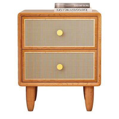 Traditional Chinese Solid Wood & Rattan Rounded Square Nightstand With 2 Drawers For Bedroom