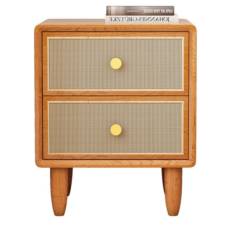 Traditional Chinese Solid Wood & Rattan Rounded Square Nightstand With 2 Drawers For Bedroom