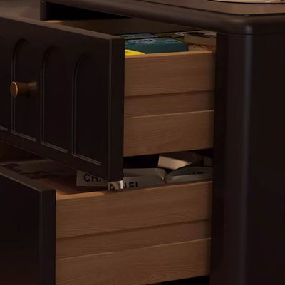 Traditional French Rubberwood Metal Textured Rounded Square Nightstand With 2 Drawers For Bedroom