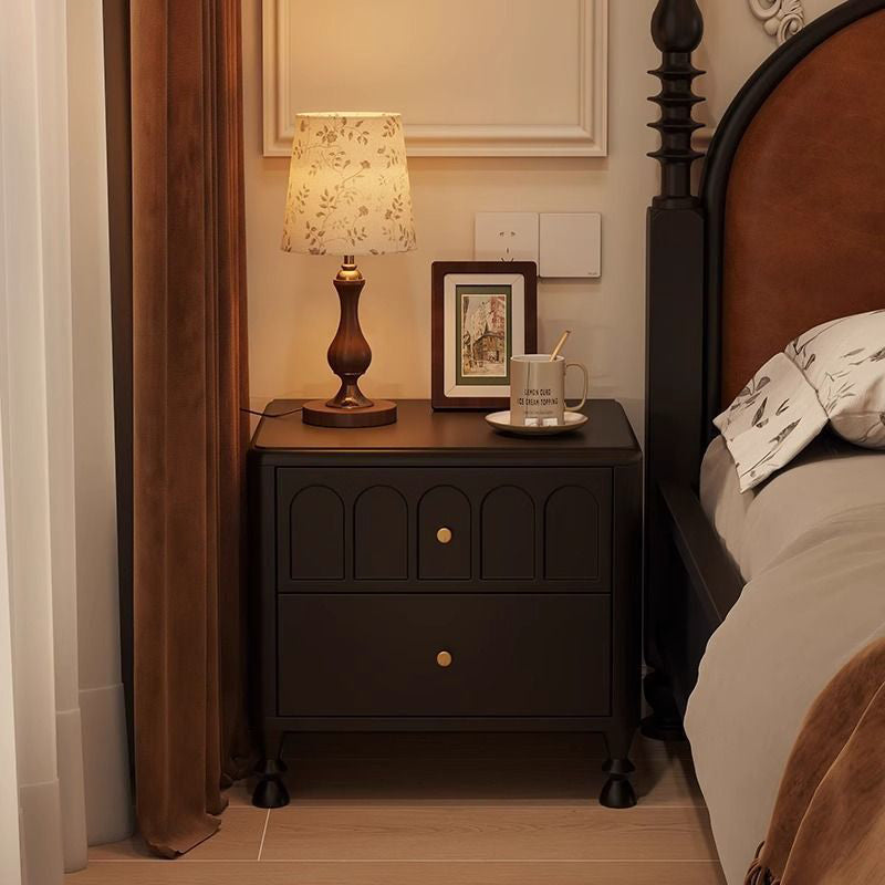 Traditional French Rubberwood Metal Textured Rounded Square Nightstand With 2 Drawers For Bedroom