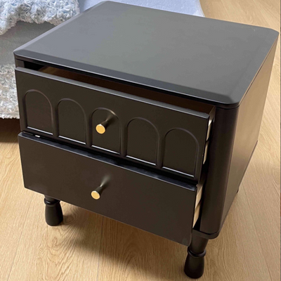 Traditional French Rubberwood Metal Textured Rounded Square Nightstand With 2 Drawers For Bedroom