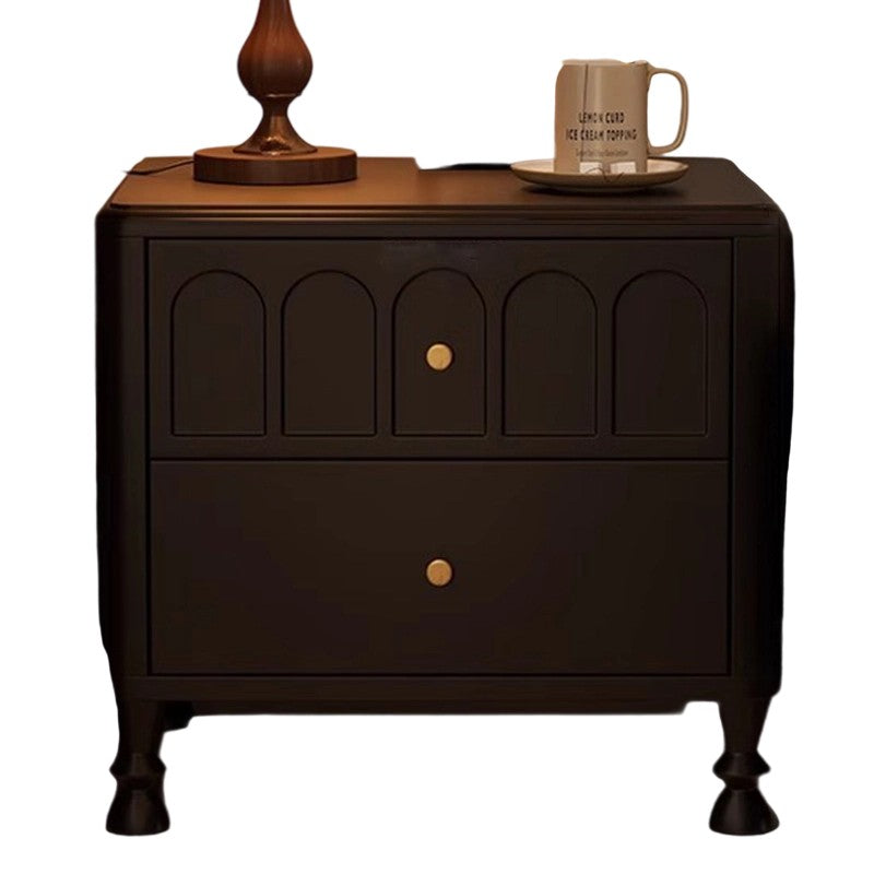 Traditional French Rubberwood Metal Textured Rounded Square Nightstand With 2 Drawers For Bedroom