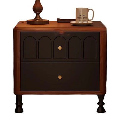 Traditional French Rubberwood Metal Textured Rounded Square Nightstand With 2 Drawers For Bedroom