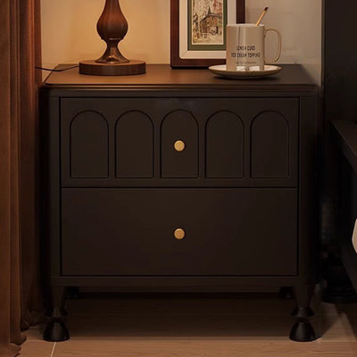 Traditional French Rubberwood Metal Textured Rounded Square Nightstand With 2 Drawers For Bedroom