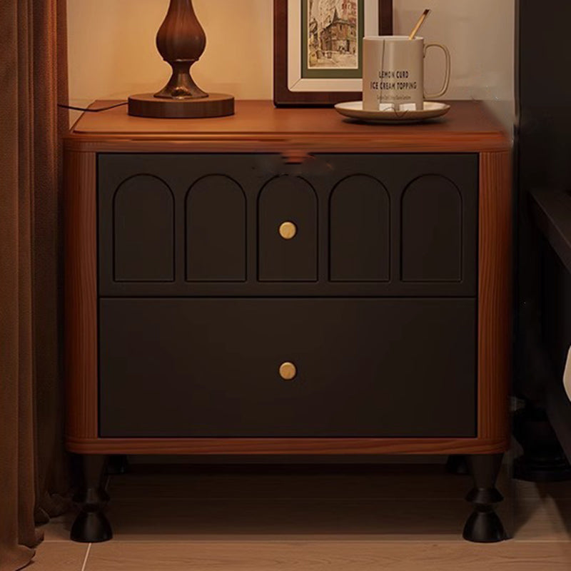 Traditional French Rubberwood Metal Textured Rounded Square Nightstand With 2 Drawers For Bedroom