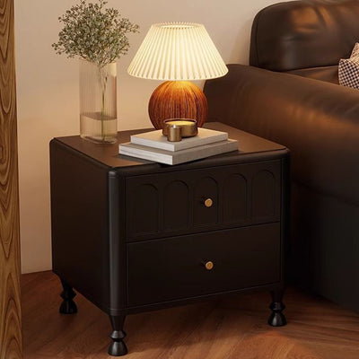 Traditional French Rubberwood Metal Textured Rounded Square Nightstand With 2 Drawers For Bedroom