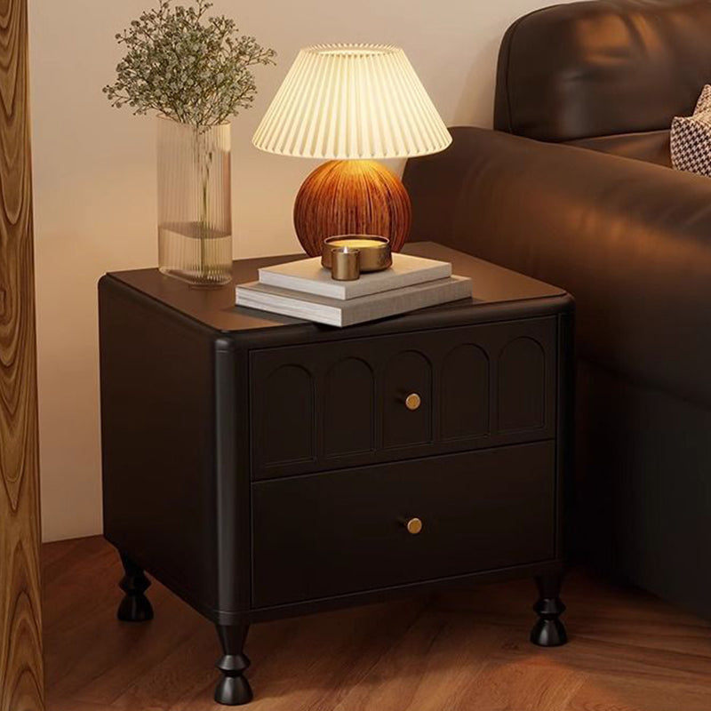 Traditional French Rubberwood Metal Textured Rounded Square Nightstand With 2 Drawers For Bedroom