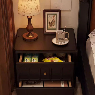 Traditional French Rubberwood Metal Textured Rounded Square Nightstand With 2 Drawers For Bedroom