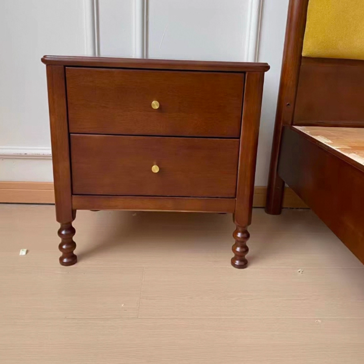 Traditional Chinese Rubberwood Metal Roman Column Square Nightstand With 2 Drawers For Bedroom