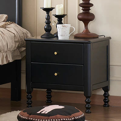 Traditional Chinese Rubberwood Metal Roman Column Square Nightstand With 2 Drawers For Bedroom