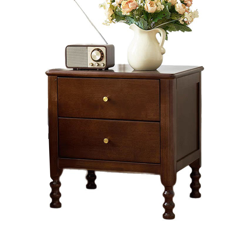 Traditional Chinese Rubberwood Metal Roman Column Square Nightstand With 2 Drawers For Bedroom