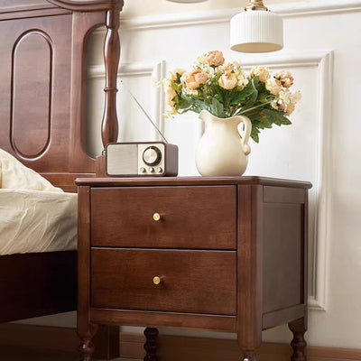 Traditional Chinese Rubberwood Metal Roman Column Square Nightstand With 2 Drawers For Bedroom