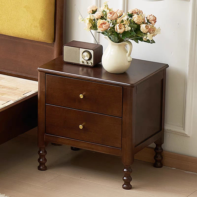 Traditional Chinese Rubberwood Metal Roman Column Square Nightstand With 2 Drawers For Bedroom