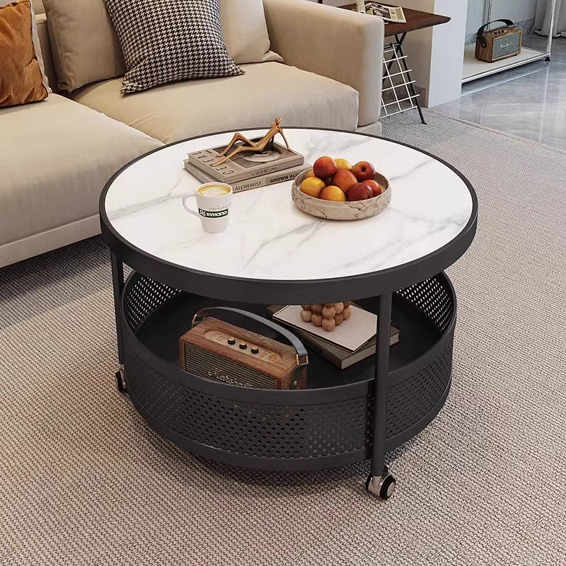 Contemporary Scandinavian Metal Engineered Wood Movable Round Side Table With 2 Tiers For Living Room