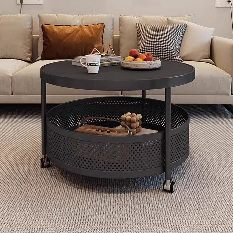 Contemporary Scandinavian Metal Engineered Wood Movable Round Side Table With 2 Tiers For Living Room