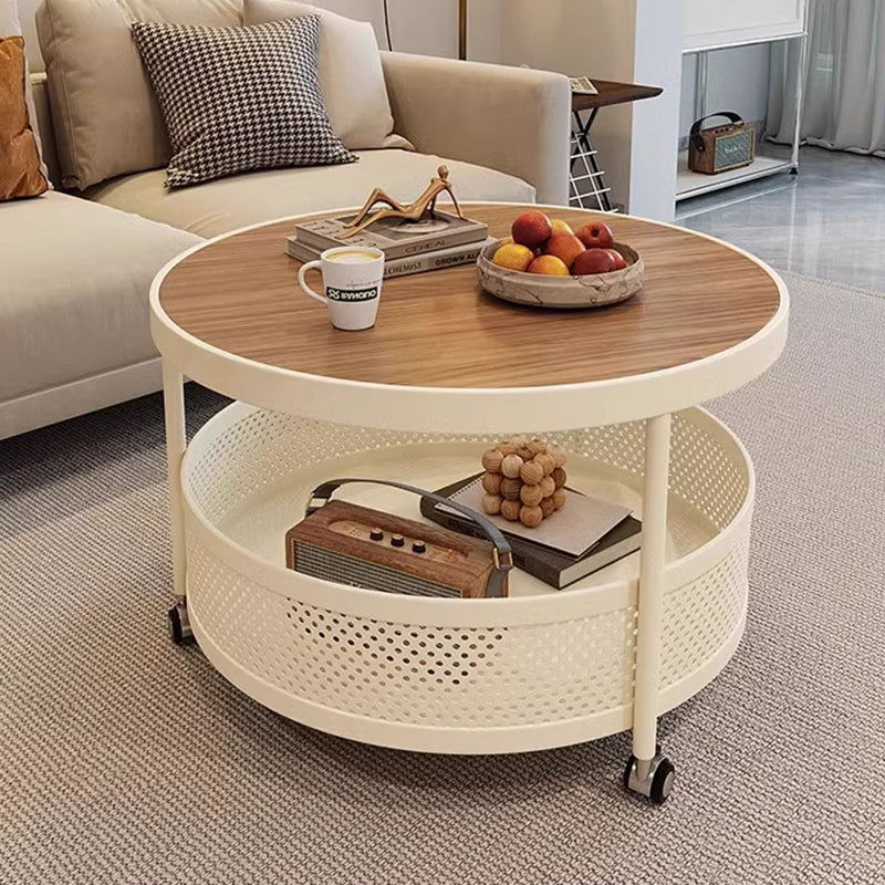 Contemporary Scandinavian Metal Engineered Wood Movable Round Side Table With 2 Tiers For Living Room