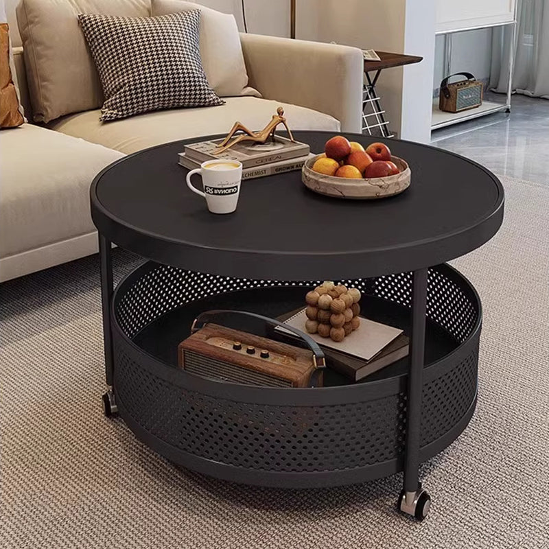 Contemporary Scandinavian Metal Slab Movable Round Side Table With 2 Tiers For Living Room