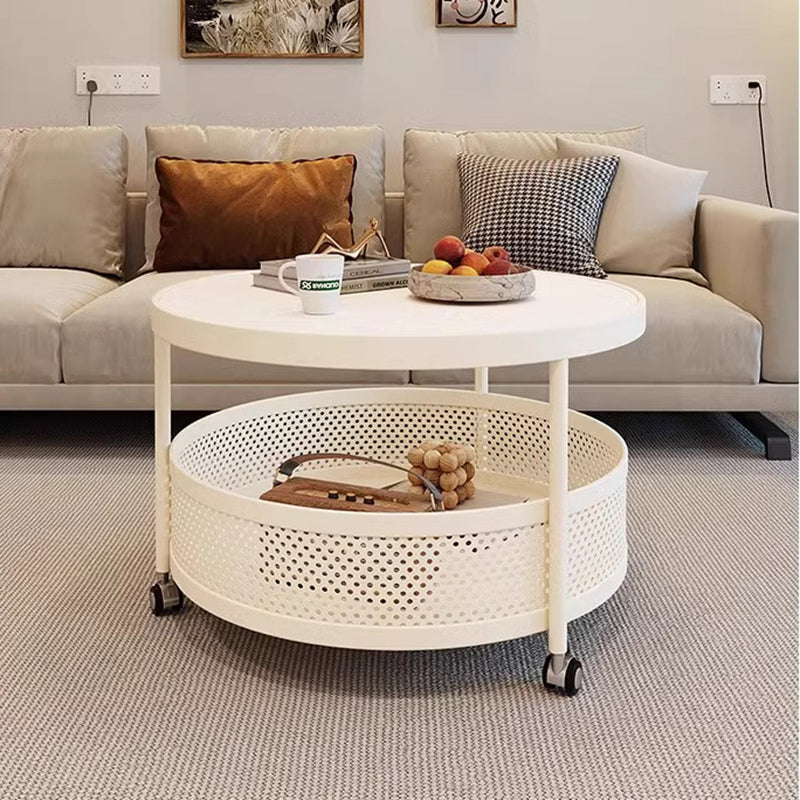 Contemporary Scandinavian Metal Engineered Wood Movable Round Side Table With 2 Tiers For Living Room