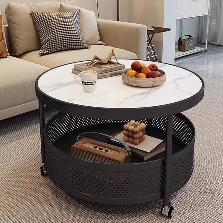 Contemporary Scandinavian Metal Slab Movable Round Side Table With 2 Tiers For Living Room