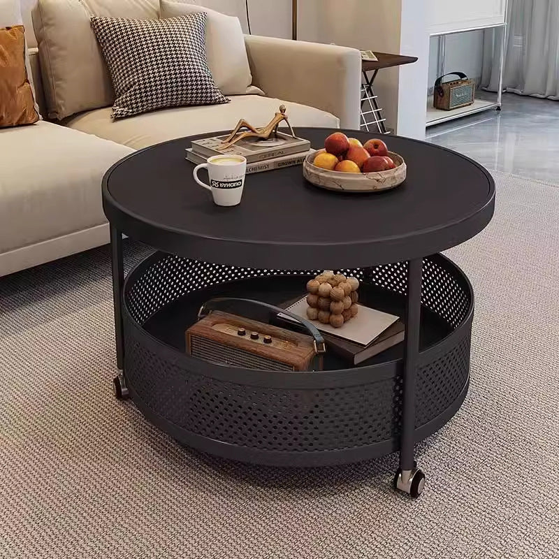 Contemporary Scandinavian Metal Slab Movable Round Side Table With 2 Tiers For Living Room