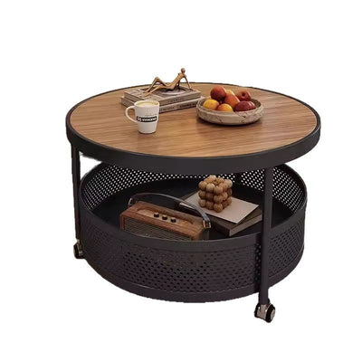 Contemporary Scandinavian Metal Engineered Wood Movable Round Side Table With 2 Tiers For Living Room