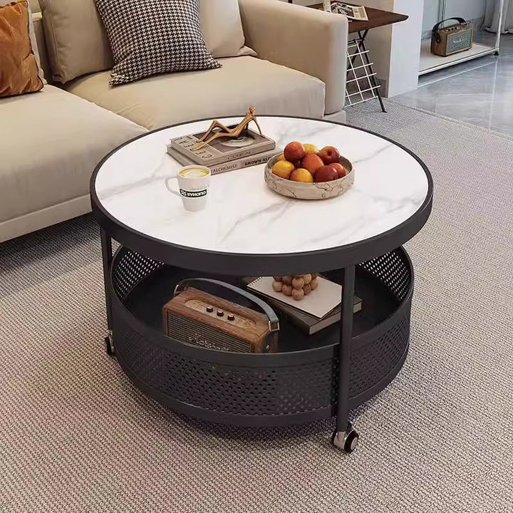 Contemporary Scandinavian Metal Slab Movable Round Side Table With 2 Tiers For Living Room