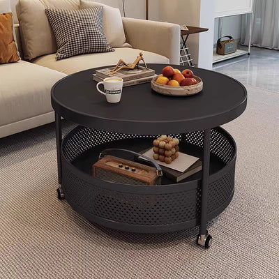 Contemporary Scandinavian Metal Engineered Wood Movable Round Side Table With 2 Tiers For Living Room