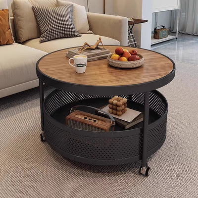 Contemporary Scandinavian Metal Engineered Wood Movable Round Side Table With 2 Tiers For Living Room