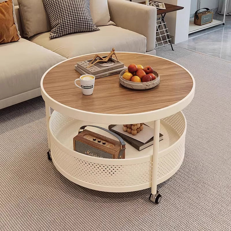 Contemporary Scandinavian Metal Engineered Wood Movable Round Side Table With 2 Tiers For Living Room