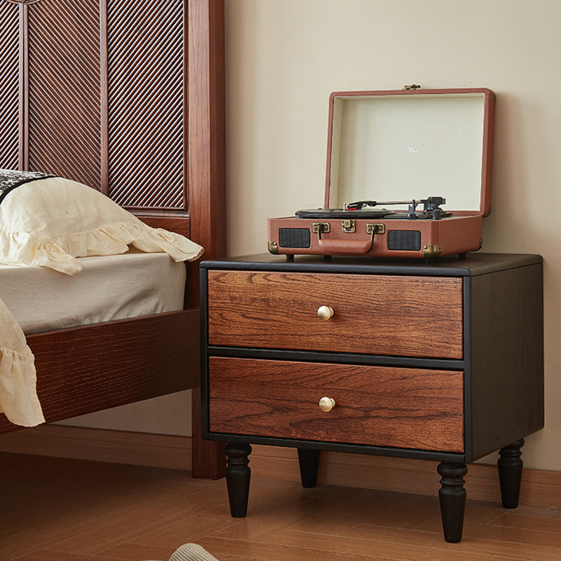 Table de chevet traditionnelle française en chêne rouge massif, ronde et carrée, avec 2 tiroirs pour chambre à coucher 
