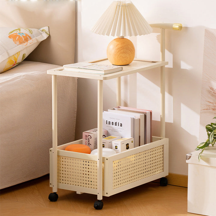 Traditional Vintage Bamboo Faux Rattan Cylindrical Rectangular Mobile Side Table With 2 Tiers For Living Room