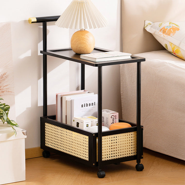 Traditional Vintage Bamboo Faux Rattan Cylindrical Rectangular Mobile Side Table With 2 Tiers For Living Room