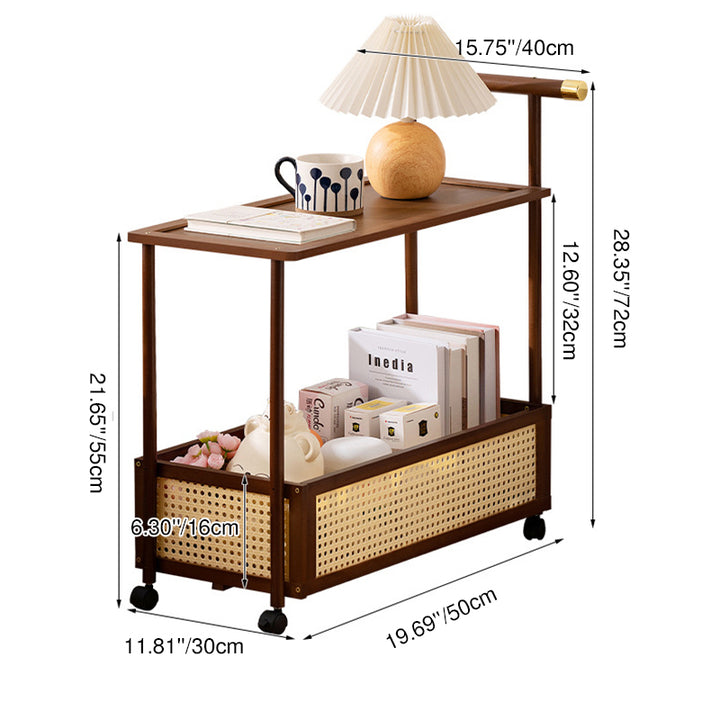 Traditional Vintage Bamboo Faux Rattan Cylindrical Rectangular Mobile Side Table With 2 Tiers For Living Room