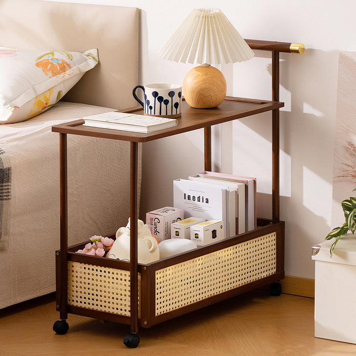 Traditional Vintage Bamboo Faux Rattan Cylindrical Rectangular Mobile Side Table With 2 Tiers For Living Room