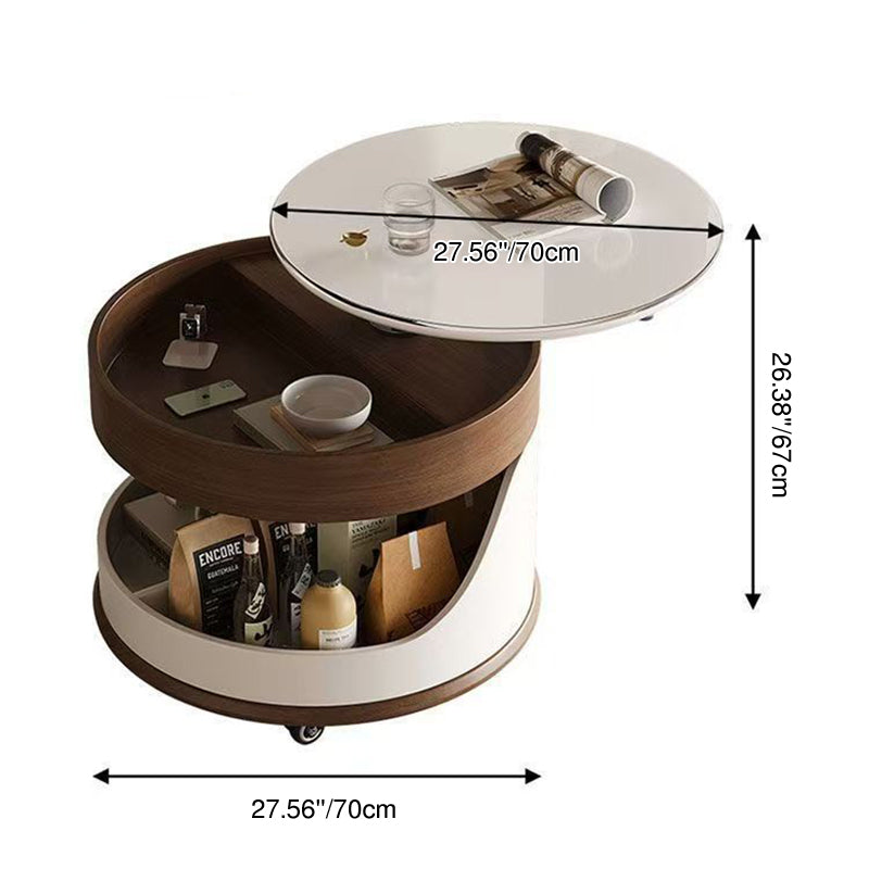Contemporary Scandinavian Sintered Stone Engineered Wood Metal Movable Round Curved Coffee Table 3-Tier For Living Room
