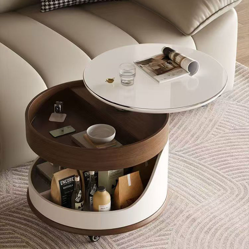 Contemporary Scandinavian Sintered Stone Engineered Wood Metal Movable Round Curved Coffee Table 3-Tier For Living Room