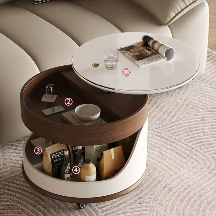 Contemporary Scandinavian Sintered Stone Engineered Wood Metal Movable Round Curved Coffee Table 3-Tier For Living Room