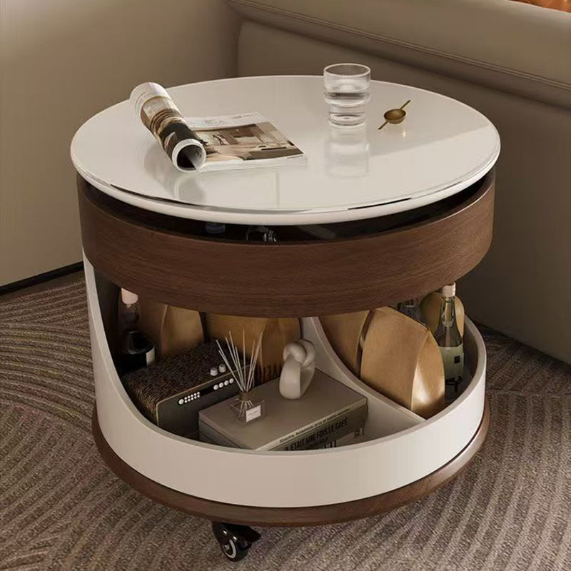 Contemporary Scandinavian Sintered Stone Engineered Wood Metal Movable Round Curved Coffee Table 3-Tier For Living Room