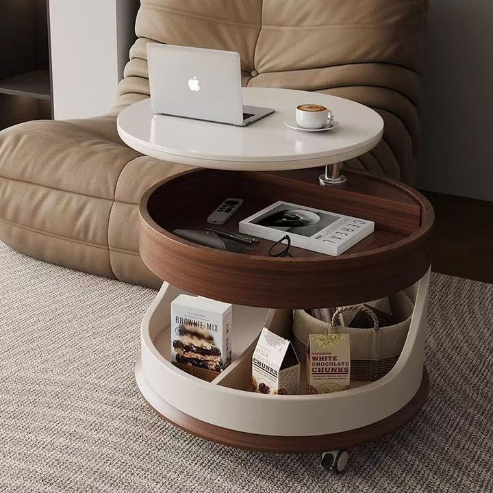 Contemporary Scandinavian Sintered Stone Engineered Wood Metal Movable Round Curved Coffee Table 3-Tier For Living Room
