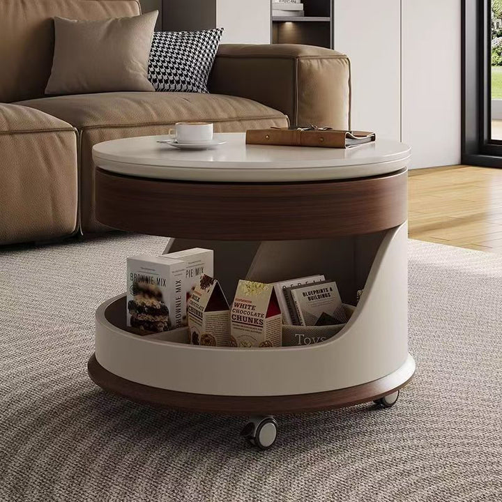 Contemporary Scandinavian Sintered Stone Engineered Wood Metal Movable Round Curved Coffee Table 3-Tier For Living Room