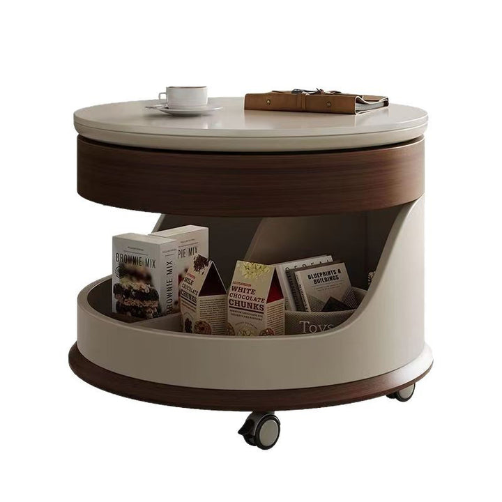 Contemporary Scandinavian Sintered Stone Engineered Wood Metal Movable Round Curved Coffee Table 3-Tier For Living Room