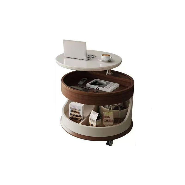 Contemporary Scandinavian Sintered Stone Engineered Wood Metal Movable Round Curved Coffee Table 3-Tier For Living Room